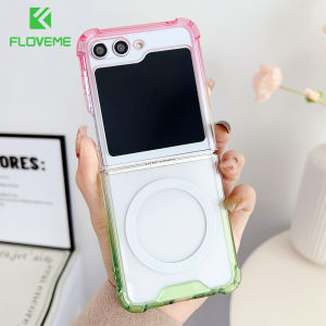 FLOVEME Gradient Transparent Magsafe Phone Case For Samsung Galaxy Z Flip 5 Flip 4 Flip 3 5G Wireless Charging Four Courner Anti-fall Clear Folding PC+TPU Back Cover For Galaxy Z Flip 5 Flip 4 Flip 3