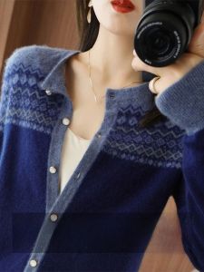 100 Pure Cashmere Knitting Cardigan Outwear Female Fall and Winter Full Wool Niche Style Non-Collision French Style Sweater Thickened Inner Wear