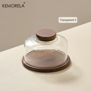 1PCS Round Wooden Cake Stand with Glass Dome Lid -Wood Serving Tray for Dim Sum Pastries & Desserts for Dining Room Cake Tray