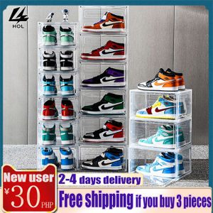 HOL Shoe Box Extra Large Size 13 US Shoes 46.5 Yards Transparent Black Print Pattern Shoebox Flip Side Door Open Foldable Basketball Shoes Organizers Stackable Shoe Rack Storage Boxes Organizer Cabinet