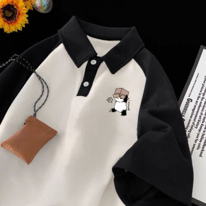 Color Block Polo Shirt Short Sleeve Mens T-Shirt Loose Fit Pure Cotton Turn-down Collar Casual Summer Fashion Youth Trend