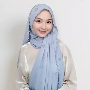 Jifang Chất Lượng Cao Thêu nút thắt nơ Kim Cương khăn quàng cổ voan Pashmina cô gái ngọt ngào Khu Đùa Bacu Đường Cong tiệc cưới Khăn trùm đầu hijab hồi giáo Khăn Choàng Qt20