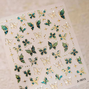 1Pcs 5D Peacock Green Jelly Butterfly Nail Stickers Golden Line Butterflies Self-adhesive Nail Decals Korean Nail Art Decoration