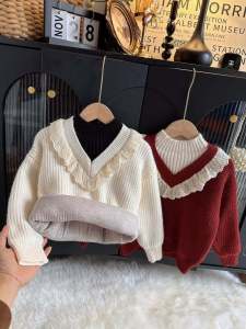 Thickened German Velvet Sweater for Girls Overhead Knittedwear Childrens Outerwear Versatile Baby Base Layer Yarn Shirt Fake Two-Piece