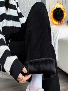 สีดำ ผ้าลูกฟูก กางเกงขากว้าง ผู้หญิง หนาขึ้น เอวสูง พรางหุ่น Drapey ผ้าชนิล ขาตรง กางเกงขายาว ฤดูใบไม้ร่วง ฤดูหนาว