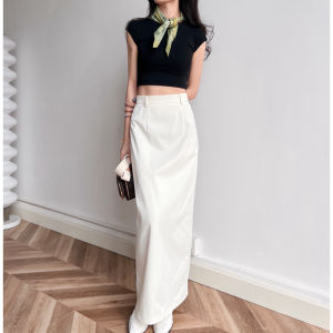 Cat Border White Moonlight Simple High Waist Back Slit Slim Looking One Step Sheath White a Word French Style Suit Skirt