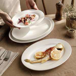 European Minimalist Creative Ceramic Oval Dinner Plate Grid Pattern