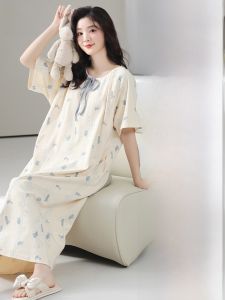 miiow | Pure Cotton Sleep Dress With Chest Pad Womens Summer Breathable Short Sleeve Home Clothes Dress Can Be Worn Outside MiiOW