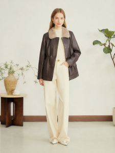 Autumn Retro Style Bane Color-Contrast Sable Fur Collar Leather Jacket