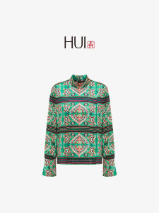 HUI Elastic  Silk Printed Shirt Button up Stand Collar Floral Casual Style Womens Long Sleeve Top Thin Fabric