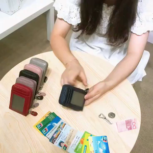 Women RFID Blocking Wallet Cowhide Leather Card Holder Top Layer Quality Zipper Pocket For Coins Credit Card Bag Slim Design With Business Card Clip