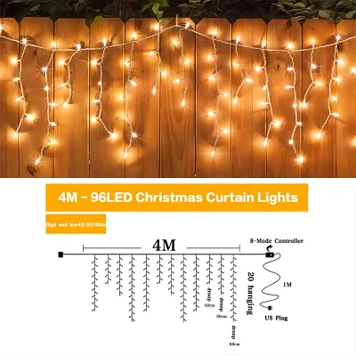 【Solar/Plug】Christmas Lights Icicle Curtain 120 LED Outdoor Waterproof 8 Modes Fairy String Lights for Xmas Tree Patio Yard Garden Wedding Party House Eaves Roof Decorations