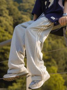 Gray Casual Pants for Men Loose Fit Sporty Striped Straight Leg Spring Autumn Wear by It Neith BIAS Trendy Ethnic Clothing