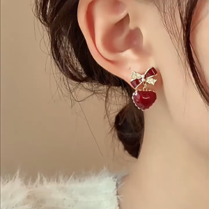 LL Fashion temperament 18K golden Deep red heart-shaped earrings ES69198