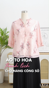 Áo kiểu thiết kế dịu dàng nữ tính chất liệu Tơ Hoa cao cấp với hiệu ứng ánh nhẹ và họa tiết in hoa chìm nổi tinh tế AN4L1231 Thương hiệu Thiều Hoa