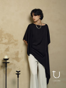 TU Womens Asymmetrical Design Loose Fit Shirt Silklike Drapey Commute Top Short Sleeve mid Length Pure Color Tshirt