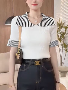 QINGNAER | Summer New Arrivals Striped Turn-down Collar Short Ice Silk T-Shirt