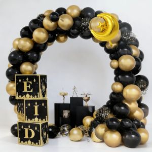 72-Piece Eid Balloon Arch Kit - Black and Gold Moon and Star Balloons Festive Ramadan Decorations Suitable for Muslim Party Backdrops