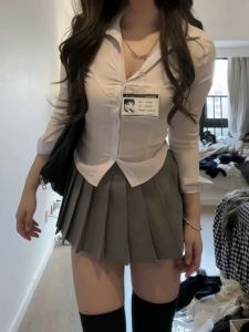 Áo Sơ Mi Trắng JK Đồng Phục Nữ Dài Tay Ôm Vừa Vặn Cổ Polo Nút Cotton Pha Trộn Thời Trang Mùa Hè Cho Nữ