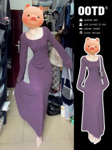 Karrar betsey | Elegant Long Sleeve Purple Knit Dress