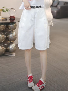 Shalldoer | High Waist Wide Leg Casual Pants Womens White Five-Quarter Length Sporty Comfortable Summer Fashion Trendy Straight Cut Trousers