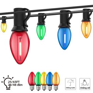 Dây Đèn Giáng Sinh Ngoài Trời Bằng Nhựa Màu Sắc C7 Chống Vỡ 25ft/65ft Có Thể Nối Chuỗi Đèn Treo Trang Trí Tiệc Vườn Chống Nước IP66