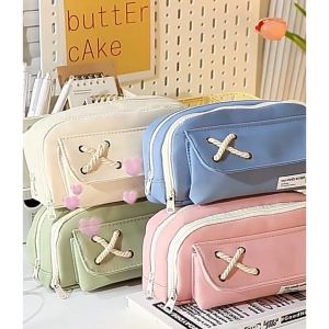 Tempat Pensil Model Pita Silang Kotak Pensil Tali Rami Ritsleting Ganda Bahan Kanvas Pouch Tempat Alat Tulis Perlengkapan Sekolah Kantor Dua Sisi Resleting HHG
