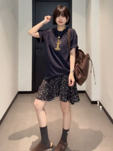 Váy Ngắn Họa Tiết Hoa Cạp Cao Màu Đen Kiểu Pháp Cho Nữ Mùa Hè Váy Ngắn Ôm Sát Đa Năng Cỡ Lớn Váy Công Sở