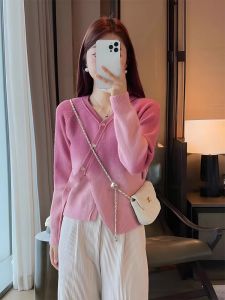 Gradient Color V-Neck Knitwear Womens Fashionable Sweater Cardigan Outerwear Top Autumn New Arrival Button Asymmetrical