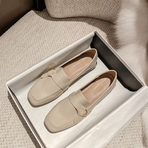 รองเท้า Loafers สไตล์ฝรั่งเศส ทรงสี่เหลี่ยม รองเท้าสวมสบาย ส้นแบน พื้นยาง รองเท้าทำงาน รองเท้าแฟชั่นสำหรับผู้หญิง