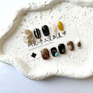 Handmade Gradient Hand-Painted Turquoise Wearable Nails with Squeezable Flower Design No Residue Grey Color Series Nail Tips