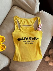 GUZILIAN | Áo vest nữ mùa hè in họa tiết thời trang dễ thương có đệm ngực ôm vừa vặn Áo khoác ngoài phong cách Mỹ cạp cao cổ chữ V