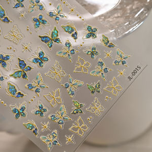 1Pcs 5D Peacock Green Jelly Butterfly Nail Stickers Golden Line Butterflies Self-adhesive Nail Decals Korean Nail Art Decoration