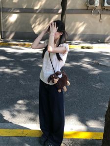 VKSOD | เสื้อยืดแขนพองสไตล์หวานพร้อมเข็มขัด กางเกงขายาวหลวมเอวสูงสไตล์ฝรั่งเศส ชุดสองชิ้นสำหรับผู้หญิงในฤดูร้อนปี 2025