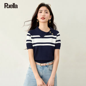 puella | Áo Ngắn Tay Len Sọc Nút Đính Phong Cách Retro