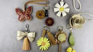 Earthy Tone PU Leather Flower Butterfly Keychain-Handmade PU Leather Bag Charm Purse Accessory Warm Neutral Tones Floral Gifts