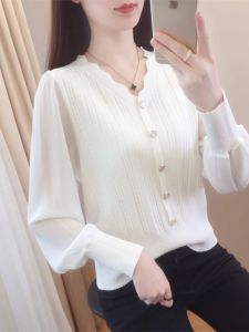 เสื้อสเวตเตอร์ถักคอวีแขนยาวผู้หญิงฤดูใบไม้ผลิและฤดูใบไม้ร่วงสั้นแขนลูกไม้เนื้อผ้าที่สวมใส่สบายและสวมใส่ได้ตลอดทั้งปี