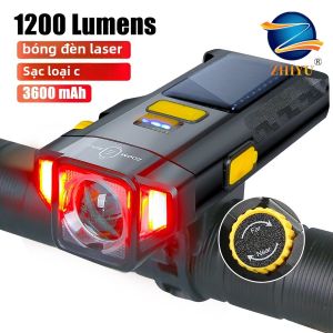Đèn Xe Đạp Năng Lượng Mặt Trời Có Thể Sạc Lại USB 3600mAh Hiển Thị Công Suất MTB Đèn Trước Xe Đạp Đường Núi Có Đèn Pin Cảnh Báo IPX6 Chống Nước