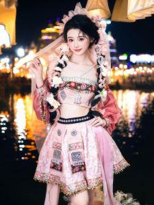 New Style Pink Hani Clothing Female Love Wa Ethnic Style Skirt Outfit Xishuangbanna Dali Lijiang Photo