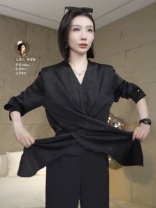 New OL Style Simple Elegance Cross Button Pure Color Womens Shirt Trendy Commute Versatile Top Fashionable Long Sleeve V-Neck