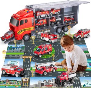 TEMI Die-cast Emergency Fire Rescue Vehicle Double Side Transport Car Toy Set Play Mat Alloy Metal Fire Truck Gifts for Age 3 4 5 6 Kids Boys Girls Birthday Party
