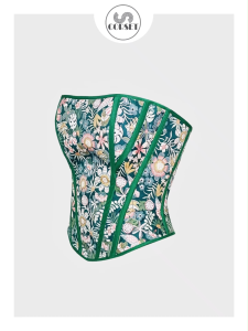 Green Flower Print Vintage Long Corset S.corset