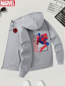 A Mens Black Zipper Hoodie with A Spider-Man Graphic and Sleeve Logo Casual Sweatshirt Worn on The Street Byfans of Superheroes