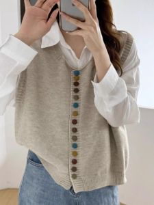Korean Style Lazy round Neck Rainbow Button Knitted Vest Open Cardigan Layering Sweater Shoulder Pad Womens Top