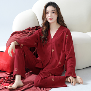 Wedding Wedding Pajamas For Women Red Spring and Autumn Pure Cotton Suit Winter Korean Style Festive Year of Birth Solid Color Homewear