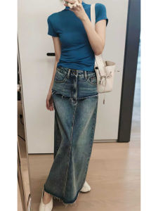 MeiYang Blue Denim Half Skirt High Waist Loose Fit Mid-Length Slit Frayed Hem Jeans Skirt Cotton Blend Summer Fashion