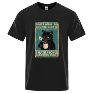 Mens T-shirt High Quality Cotton Blend Funny Cat Drinking Coffee Printing Summer Casual Cool Loose Men O-neck T-shirt Male Tops