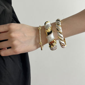 Special-Interest Design Gold and White Pattern Open-Ended Bracelet Womens Mid-Ancient Vintage Enamel Drop Oil Fancy Fashion Bracelet