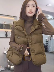 Womens Quilted Cotton Vest Autumn Winter New Style Warm Turn-down Collar Sleeveless Outerwear Shoulder Pad Jacket