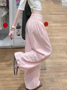 YIFANSHI | Quần Tây Phong Cách Lười Màu Hồng Sọc Caro Form Rộng Dễ Dàng Slimming
